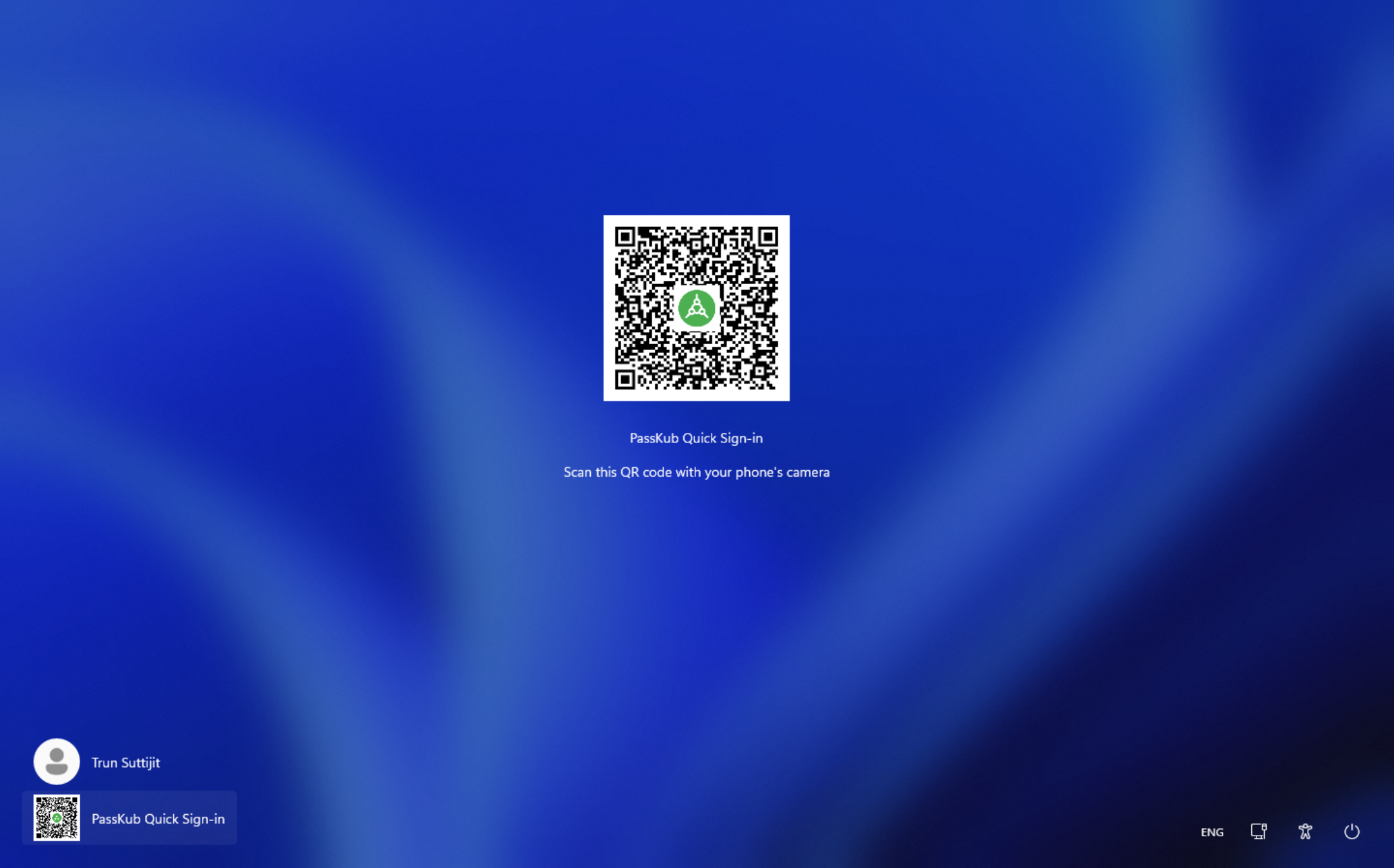 A QR code shown at the Windows lock screen, ready to be scanned by the phone to unlock the PC via PassKub.
