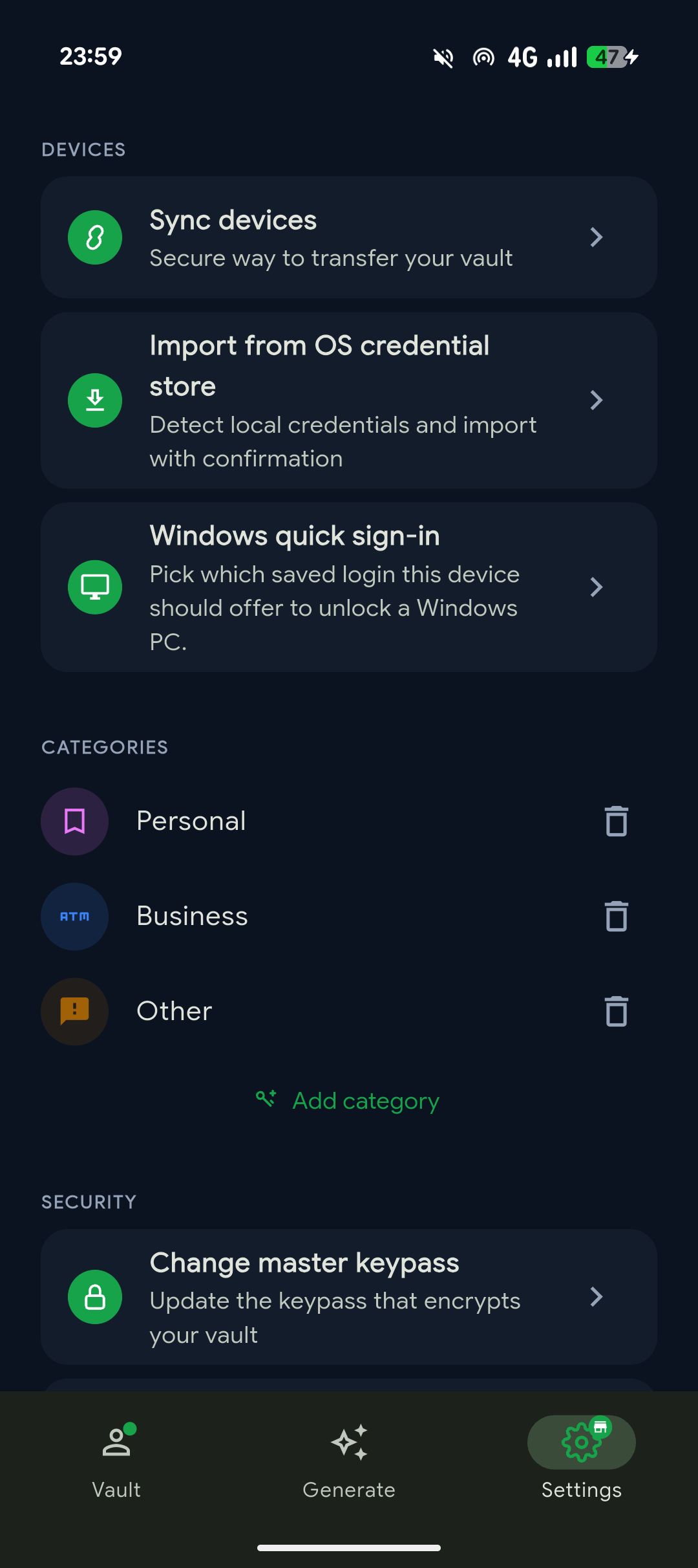 Opening Windows quick sign-in from PassKub's Settings on Android.