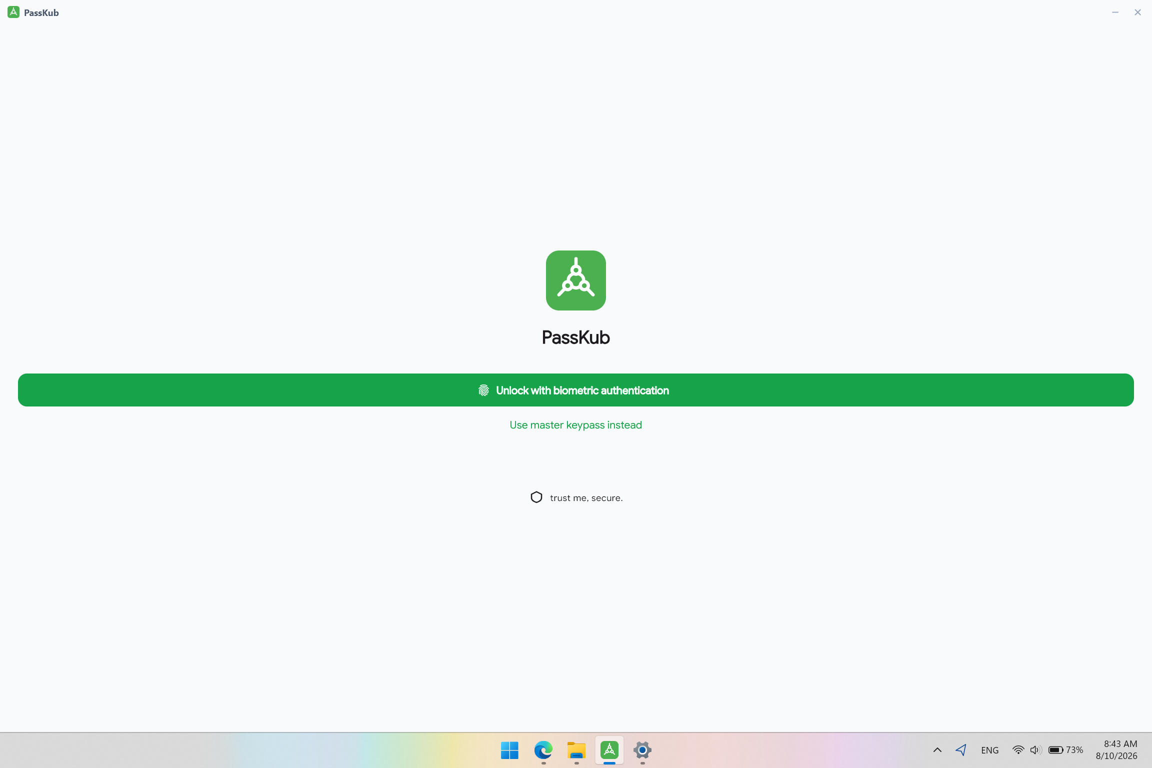PassKub's unlock screen on Windows, prompting for a keypass or biometric unlock before opening the vault.