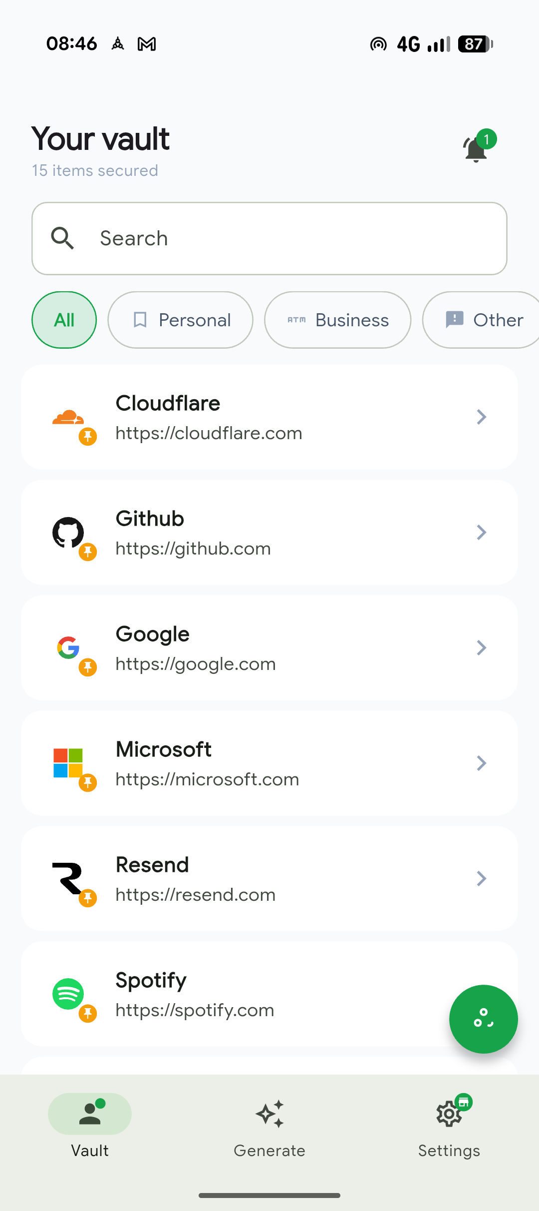 The PassKub vault open on Android, listing saved logins organized by tag.