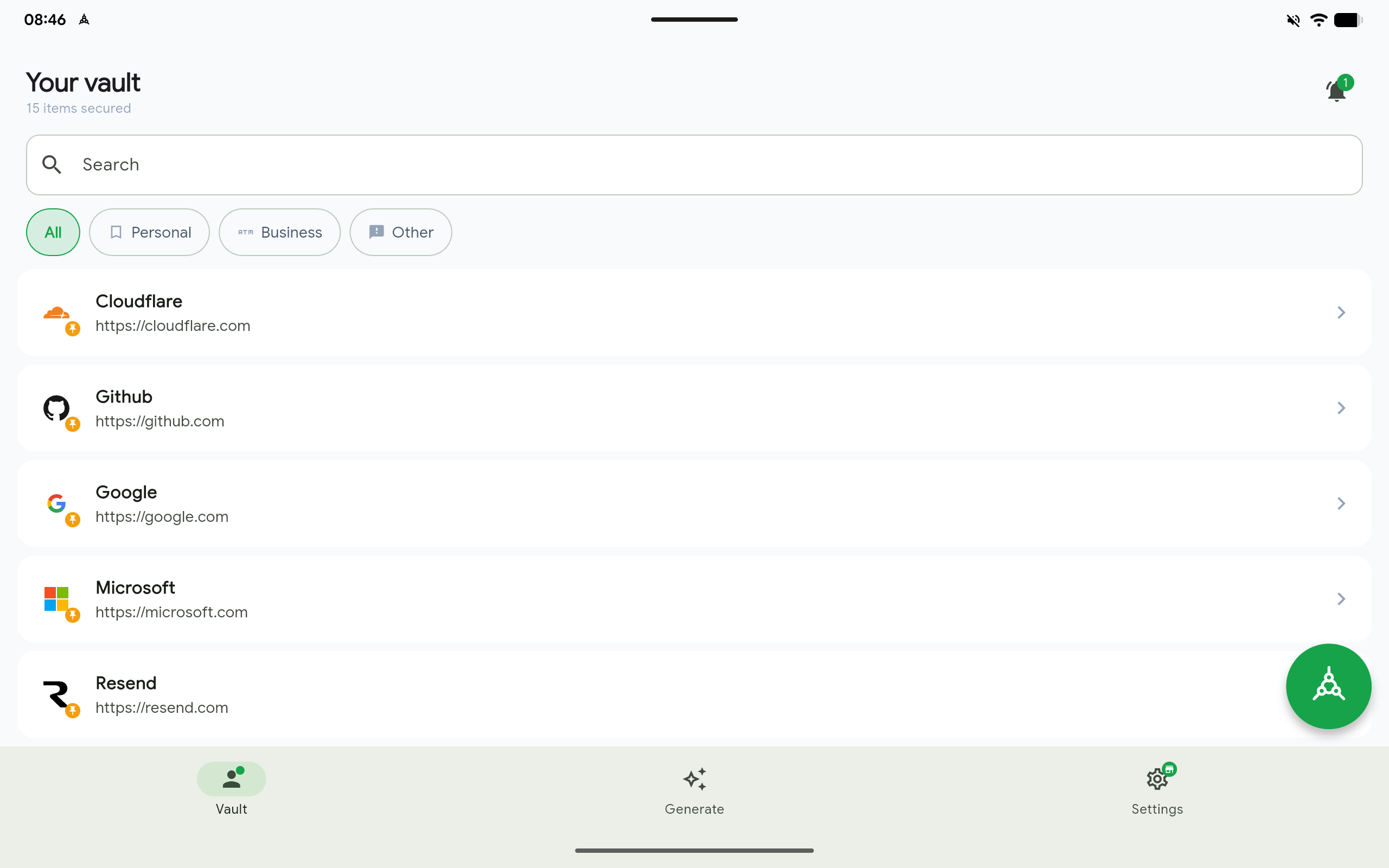 The PassKub vault open on a tablet, listing saved logins organized by tag.