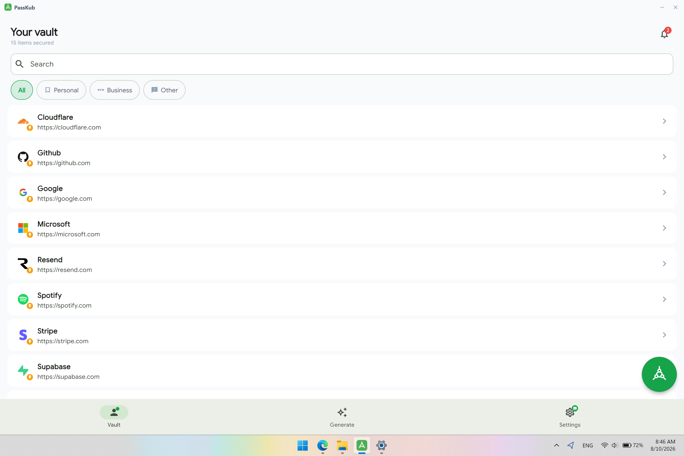 The PassKub vault open on Windows, listing saved logins organized by tag.