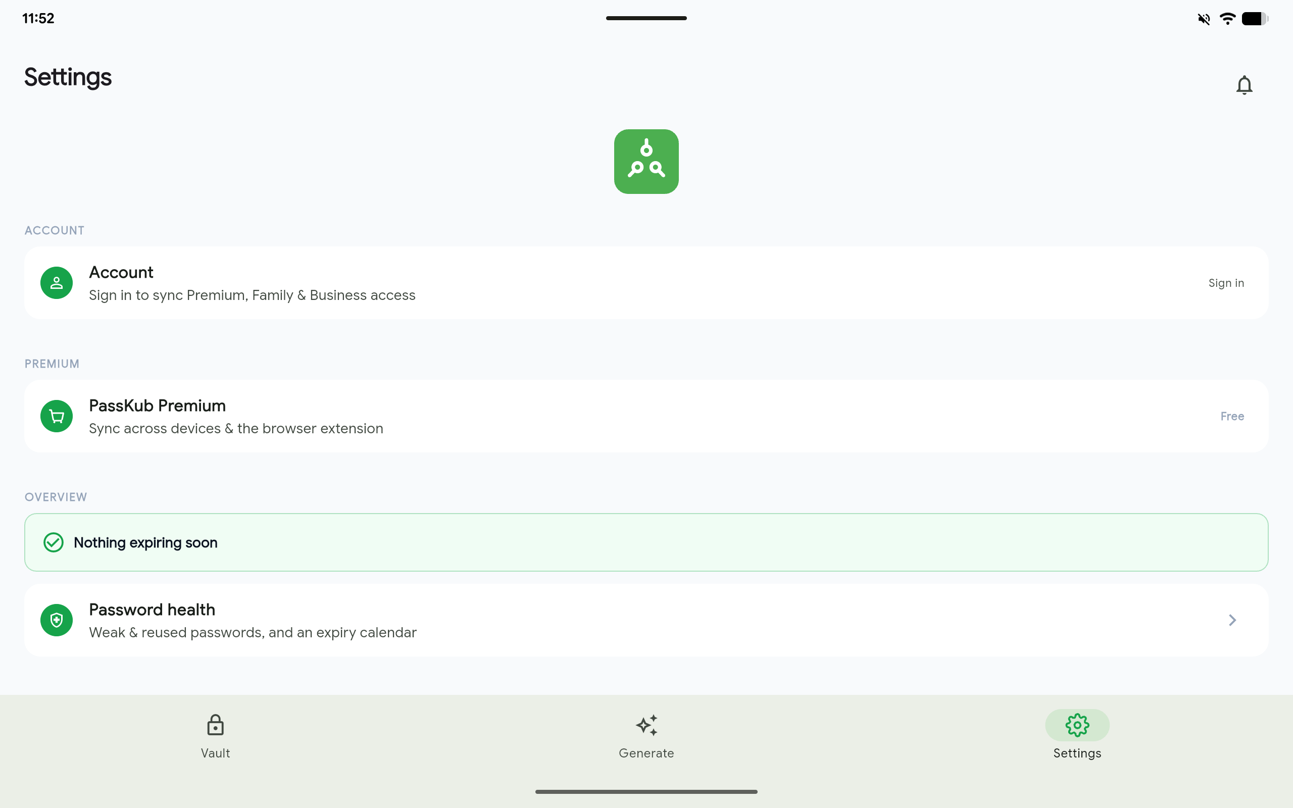 PassKub's settings screen on a tablet for adjusting biometrics, auto-lock timing, and backups.