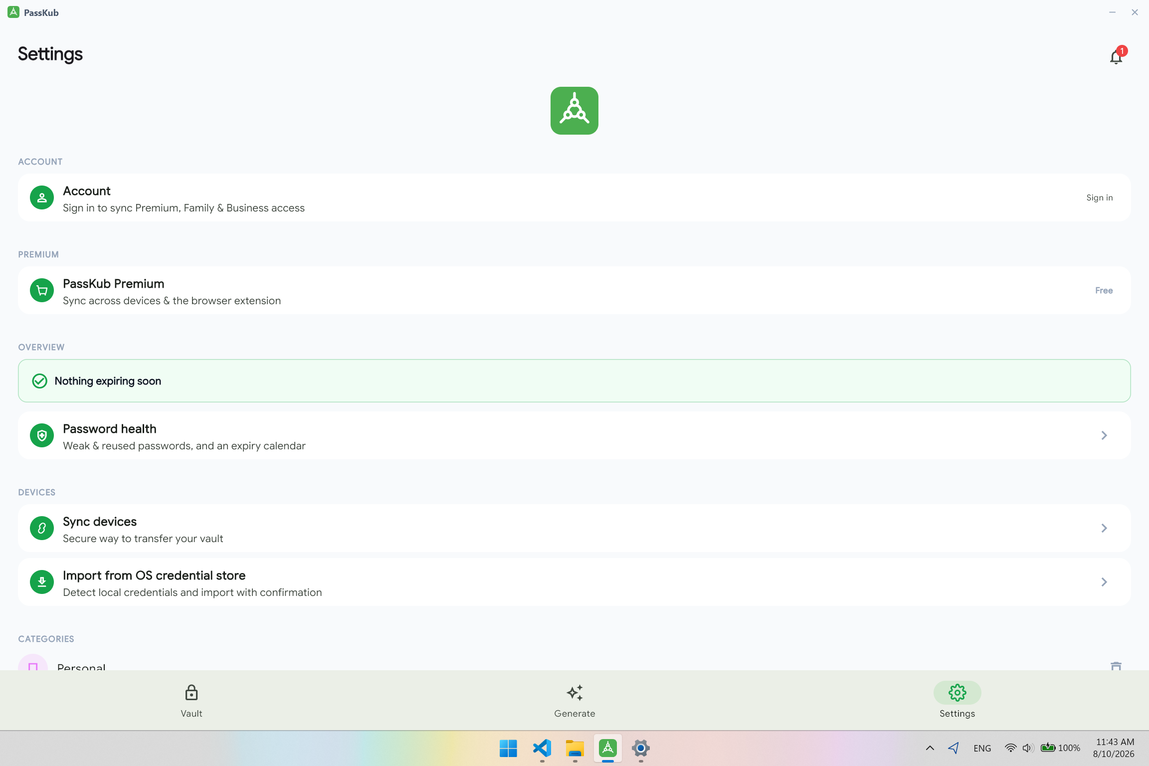PassKub's settings screen on Windows for adjusting biometrics, auto-lock timing, and backups.
