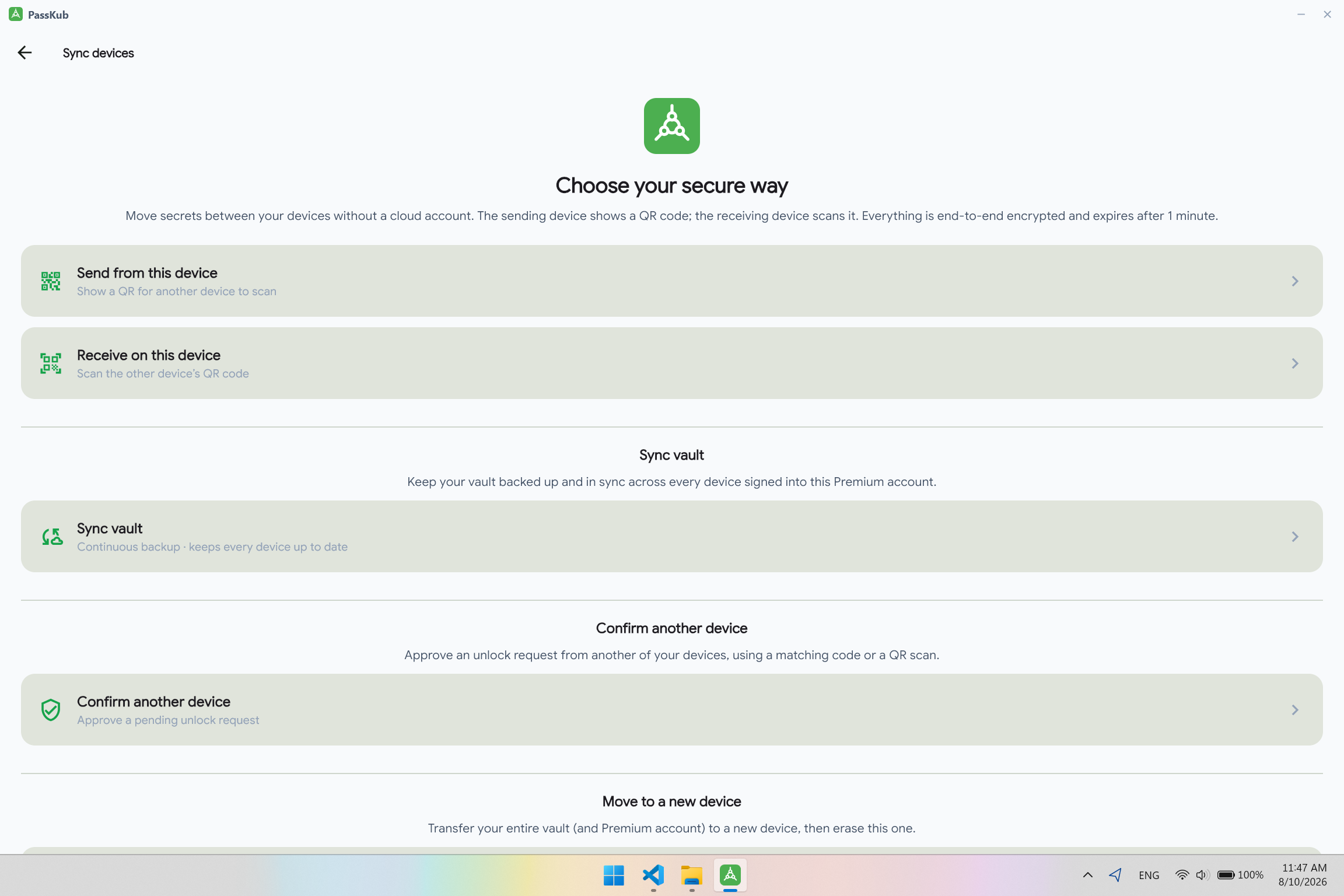PassKub's optional zero-knowledge cloud sync settings on Windows.