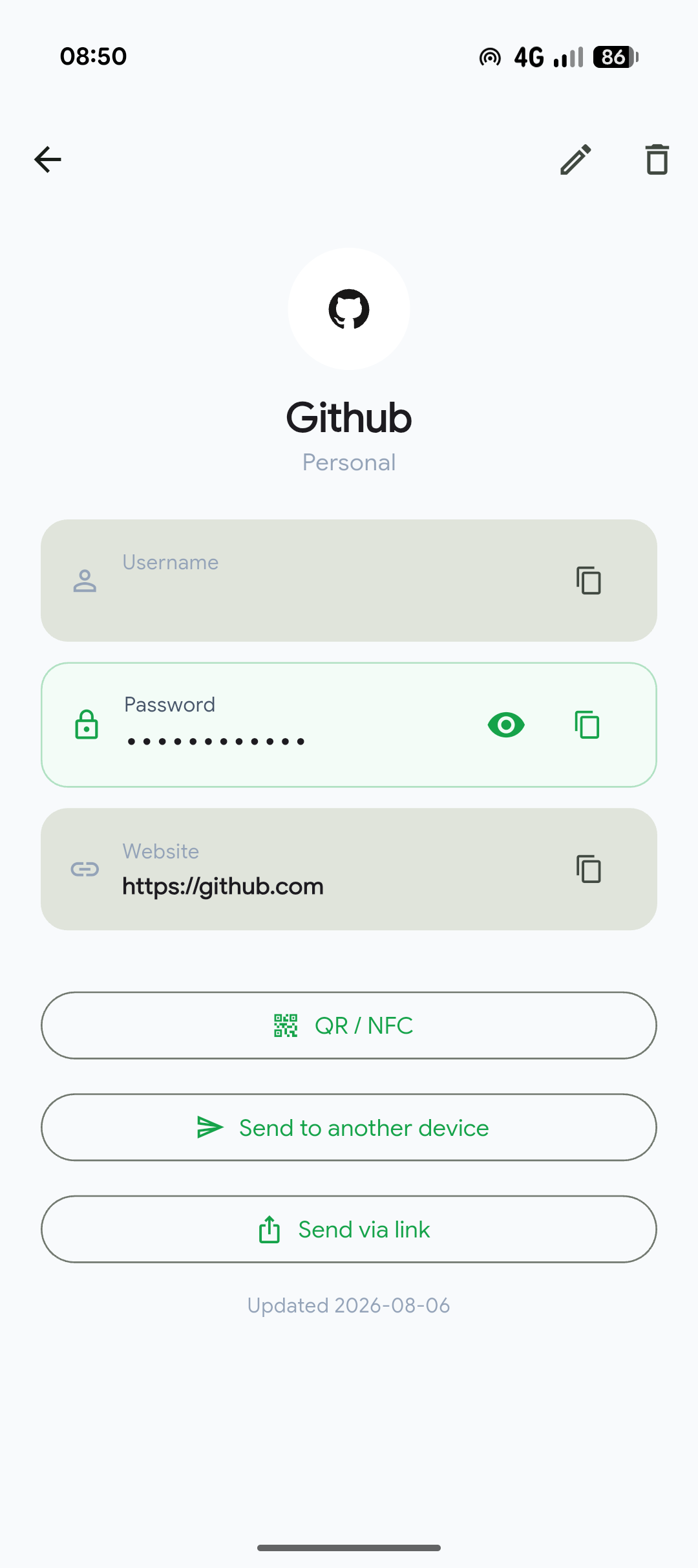 A saved login's detail view in PassKub on Android, showing its username, password, notes, and history in one screen.