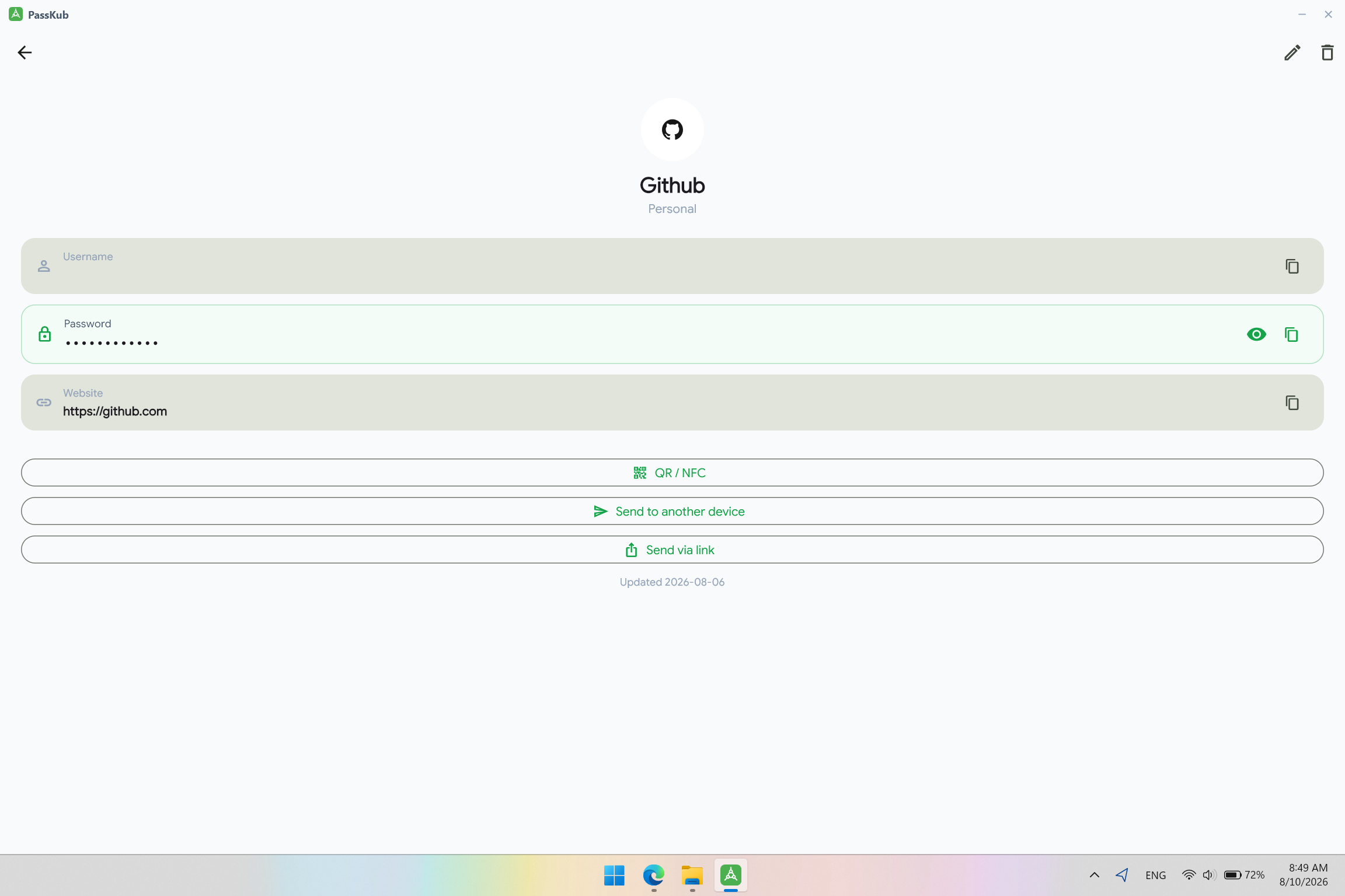 A saved login's detail view in PassKub on Windows, showing its username, password, notes, and history in one screen.