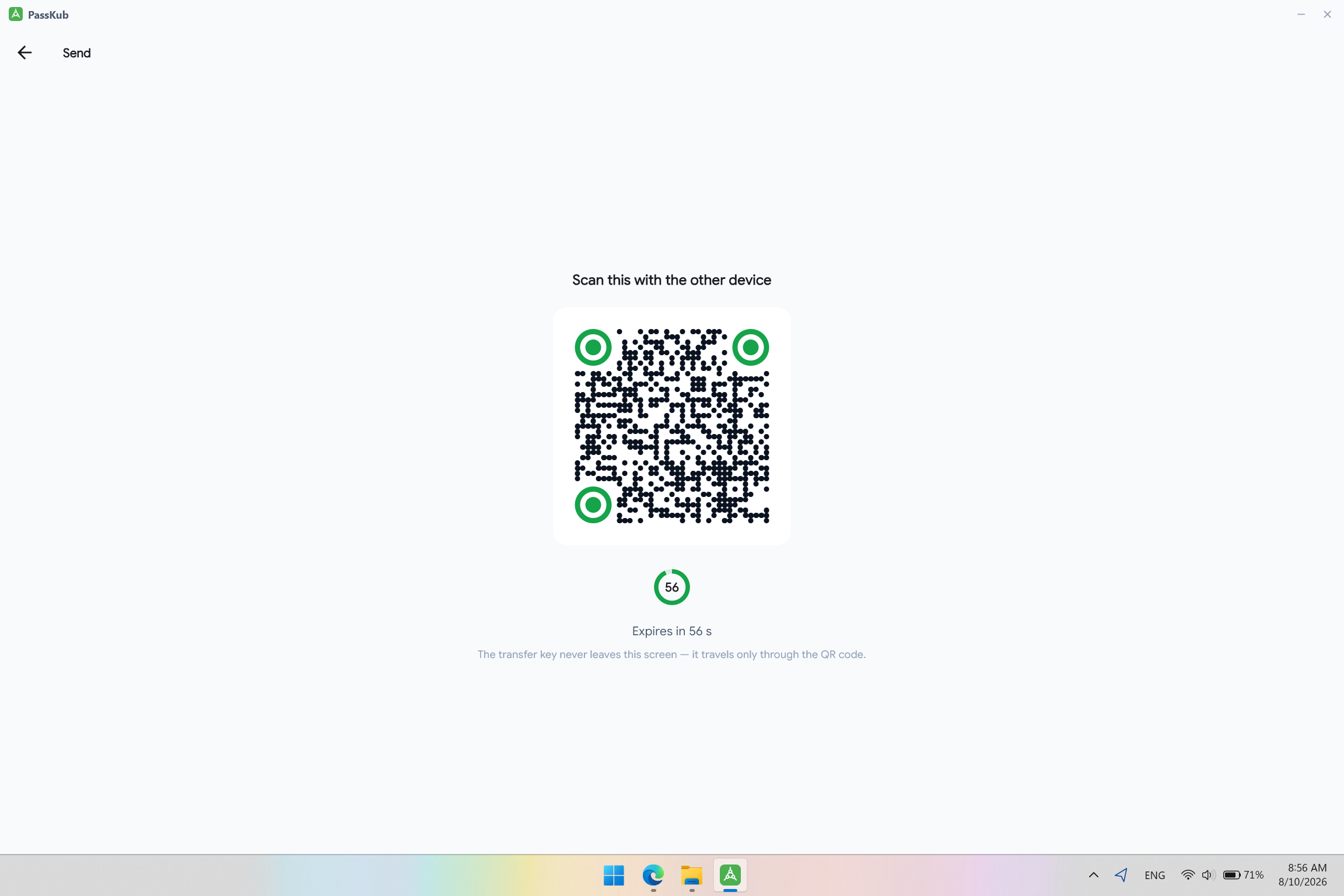 Sharing a saved credential via QR code in PassKub on Windows, with no cloud account needed.