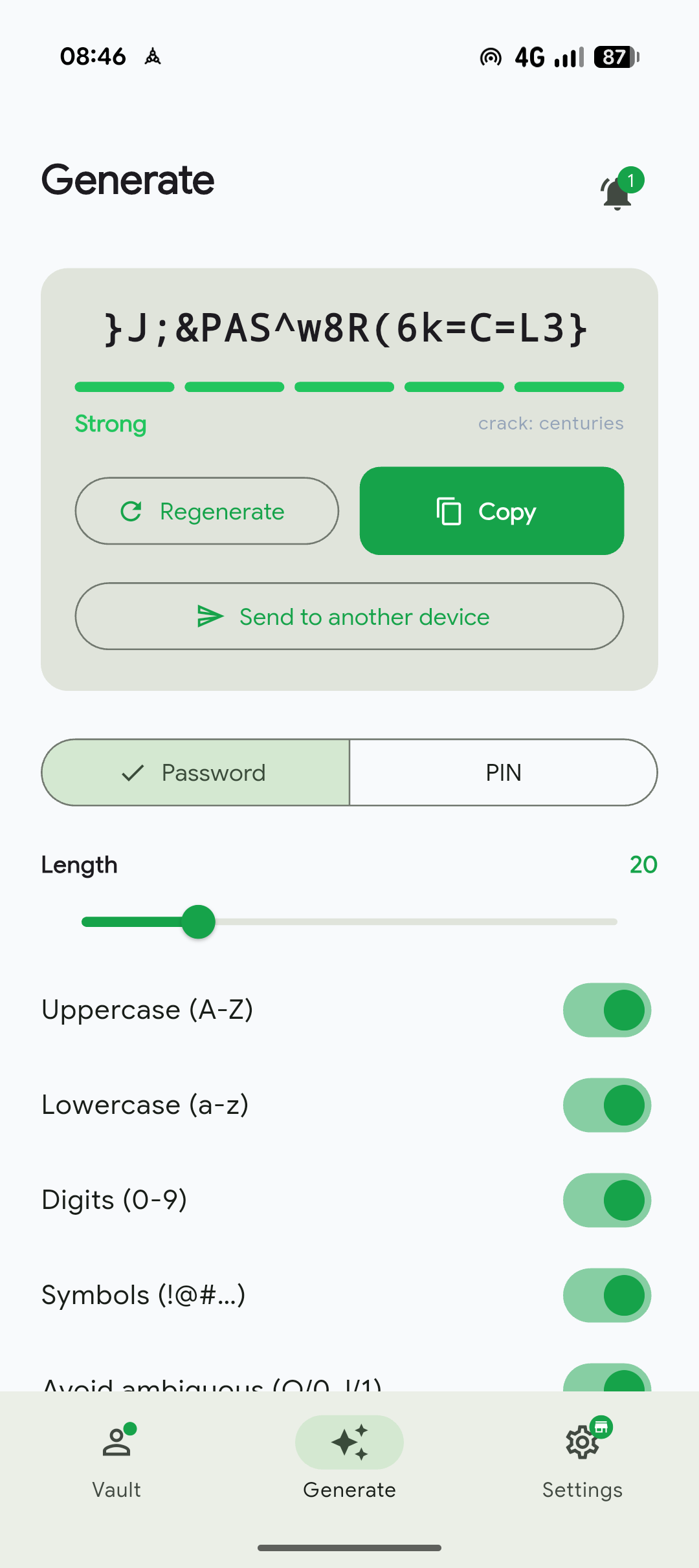 PassKub's password generator on Android, creating a cryptographically secure password with real-time strength feedback.