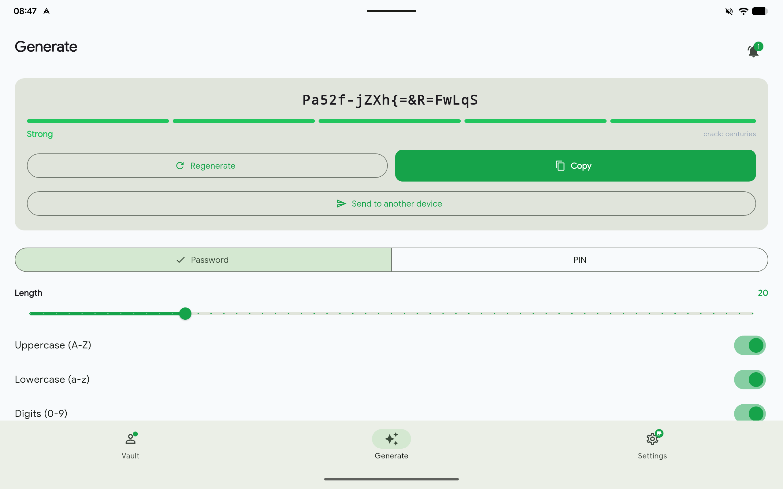 PassKub's password generator on a tablet, creating a cryptographically secure password with real-time strength feedback.
