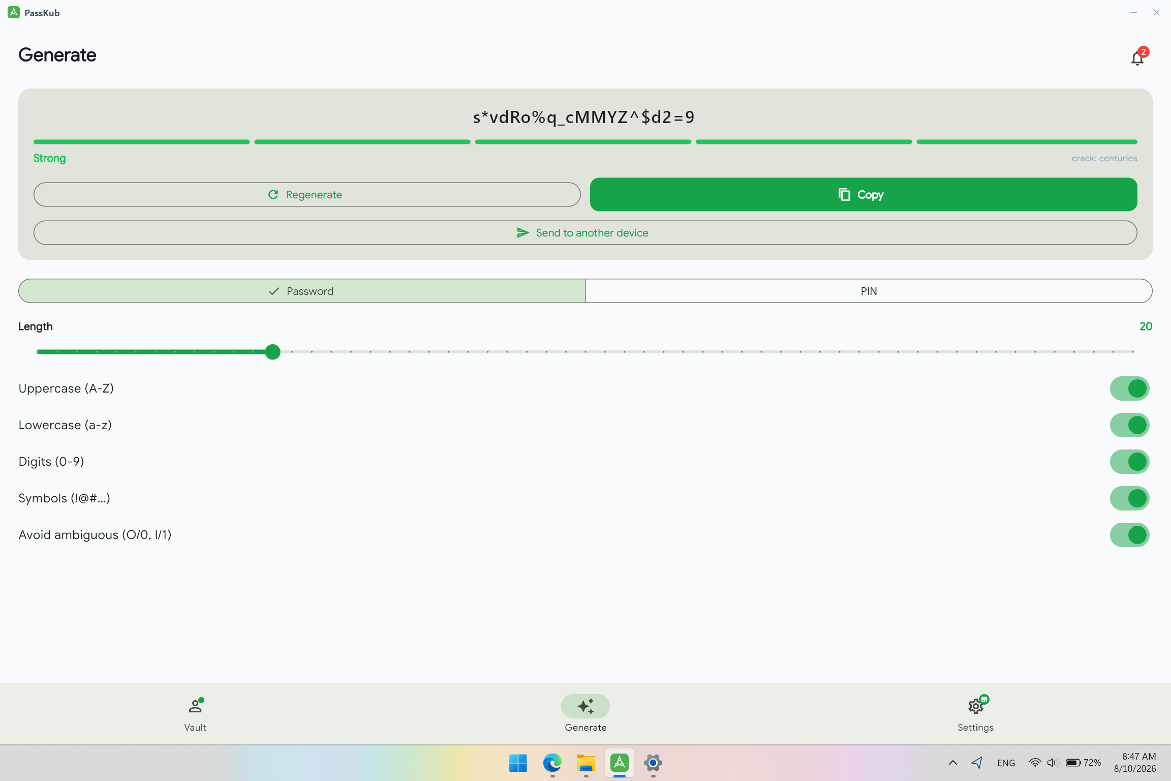 PassKub's password generator on Windows, creating a cryptographically secure password with real-time strength feedback.
