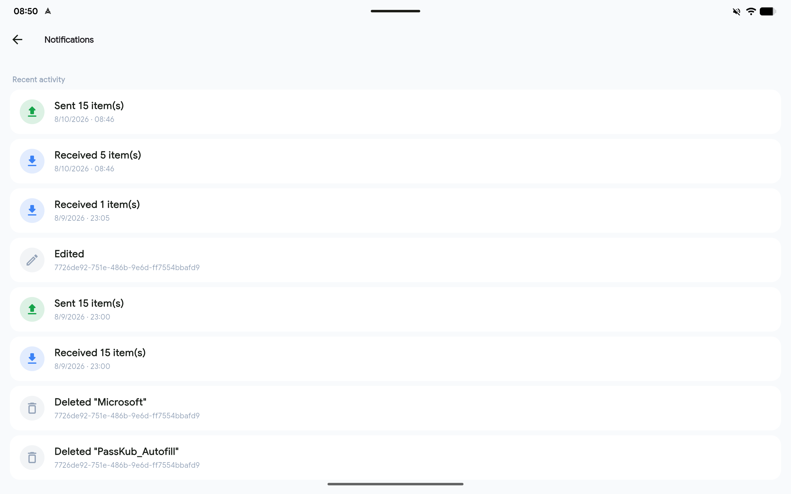 PassKub's notifications screen on a tablet, alerting the user to a password expiry or Quick Fill request.
