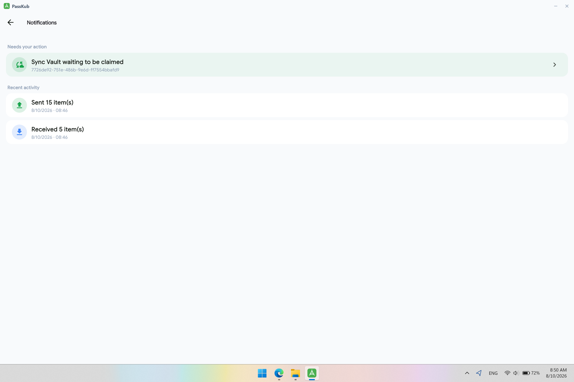 PassKub's notifications screen on Windows, alerting the user to a password expiry or Quick Fill request.