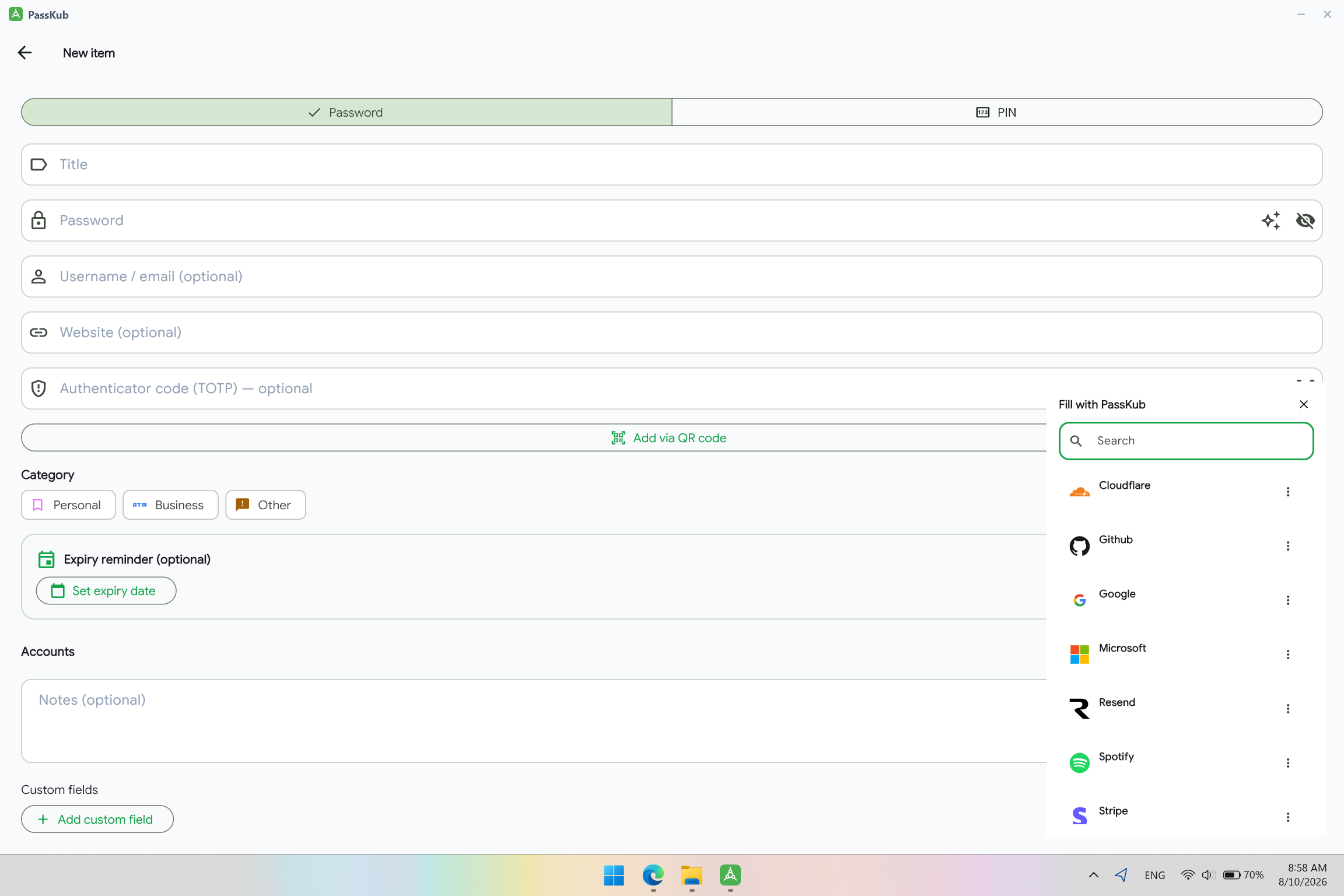 PassKub's Local Quick Fill panel opening next to a login field on a Windows webpage.