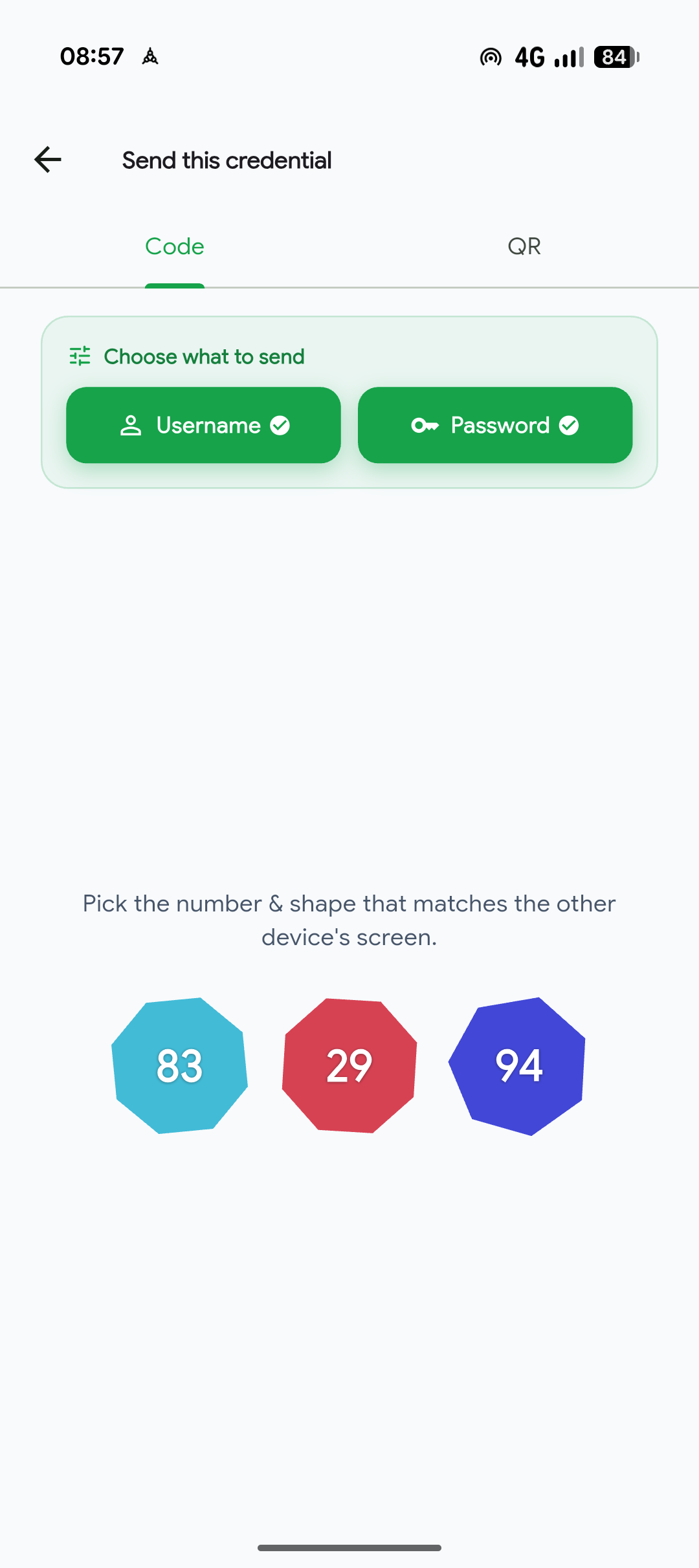 Approving a Quick Fill credential handoff in PassKub on Android by matching a shape and number between devices.