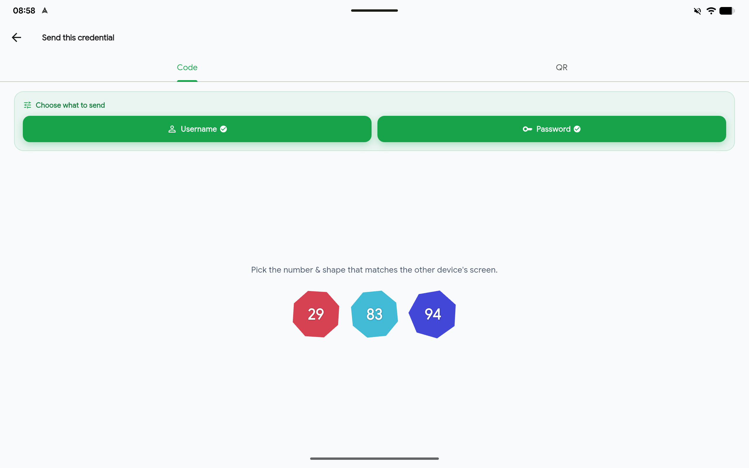 Approving a Quick Fill credential handoff in PassKub on a tablet by matching a shape and number between devices.