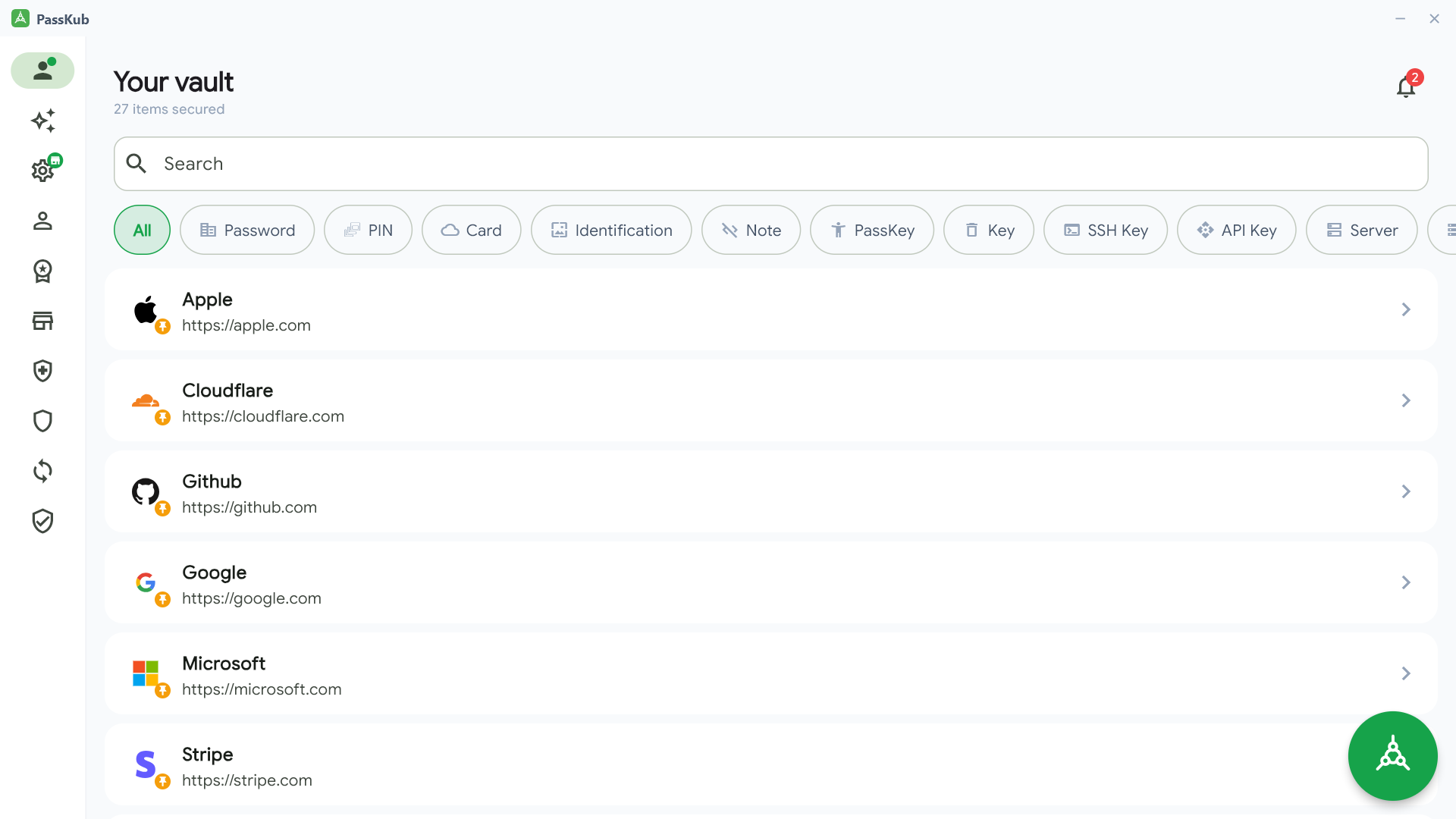 The PassKub vault open on desktop, listing saved logins with search and category filters.