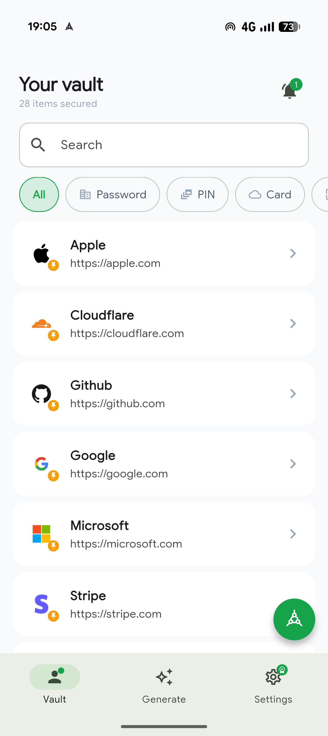 The same PassKub vault open on Android, with a bottom navigation bar for Vault, Generate, and Settings.