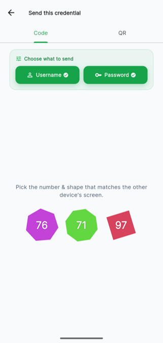The Android app asking the user to pick the shape and number that matches the desktop's pairing code, to approve the Quick Fill handoff.