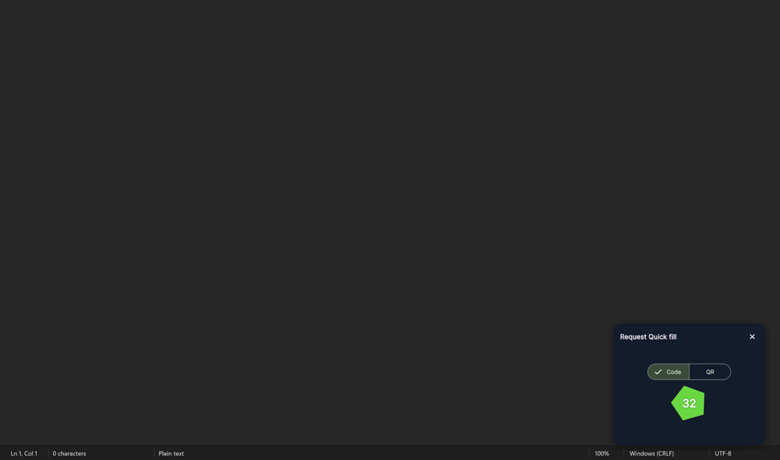 The Request Quick fill window floating over the Windows desktop, showing a green two-digit pairing code to confirm on another device.