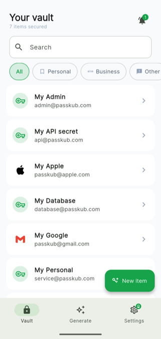 The same PassKub vault open in the Android app, with the identical saved logins as the desktop app.
