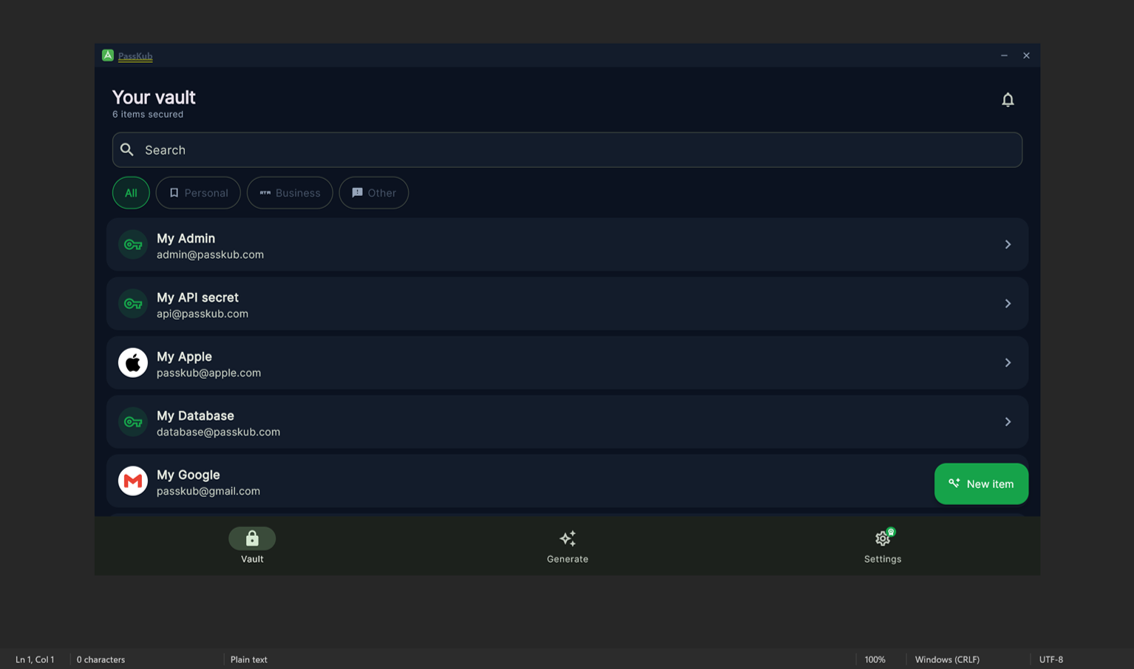 PassKub vault open in the Windows app, listing saved logins such as My Admin, My API secret, My Apple, My Database and My Google.
